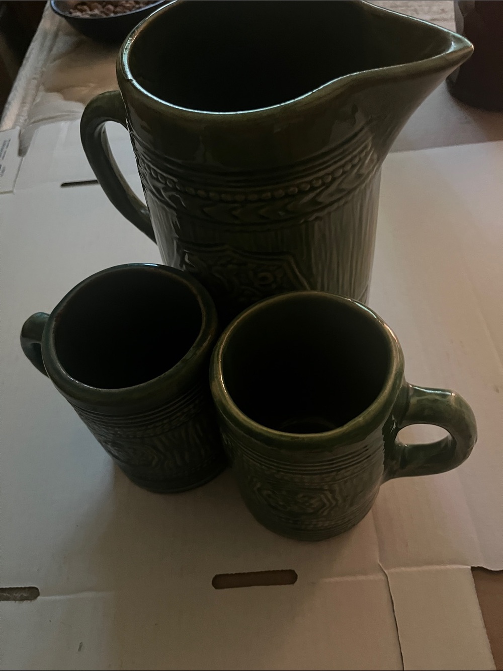 Green Ceramic Pitcher and Mug Set - Classic Glazed Serve ware 8 7/8 inches tall